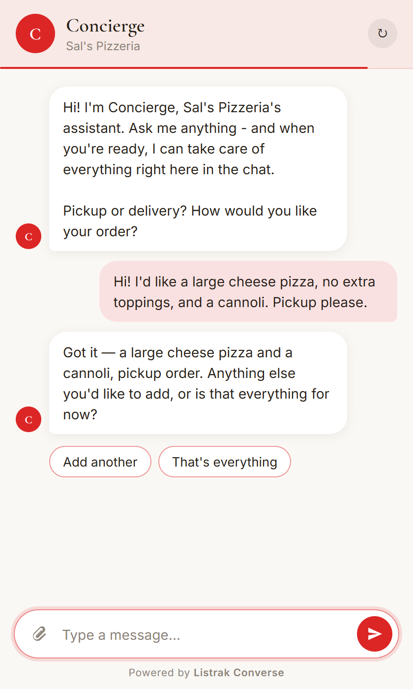 The AI Concierge on a pizzeria's site: one typed sentence fills the whole order and the only question left is anything else